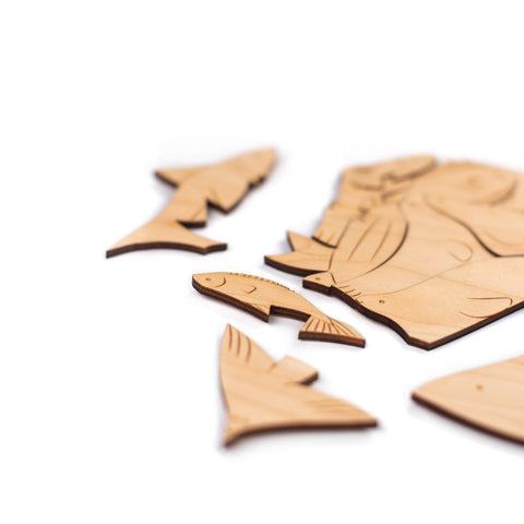 atelier côtier, Îles-de-la-Madeleine, casse-tête, créature aquatique, mer, bois, gravure, fait au Québec, fait aux Îles, artisans, jeu, frigo, aimant, loup-marin, phoque, baleine, requin, poisson, oiseau