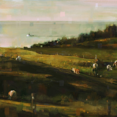 peinture numérique, Atelier côtier, Îles de la Madeleine, coucher de soleil, lever de soleil, bateau de pêche, pêcheur, vache, paysage, horizon, buttes, Martin Fiset, Magdalen Islands, Fisherman, boat, cow, hill, grass, sunset, sunrise,  art print