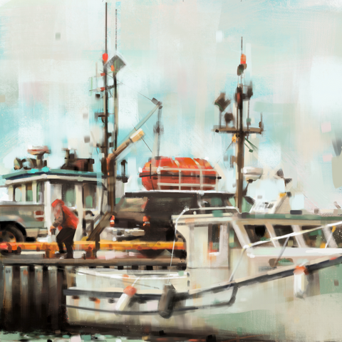 peinture numérique, Atelier côtier, Îles de la Madeleine, quai, bateau de pêche, pêcheur, Martin Fiset, Magdalen Islands, Fisherman, dock, art print