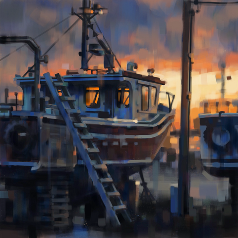 peinture numérique, Atelier côtier, Îles de la Madeleine, quai, bateau de pêche, cale sèche, coucher de soleil, lever du jour, pêcheur, homard, Martin Fiset, Magdalen Islands, Fisherman, dock, sunrise, sunset, art print